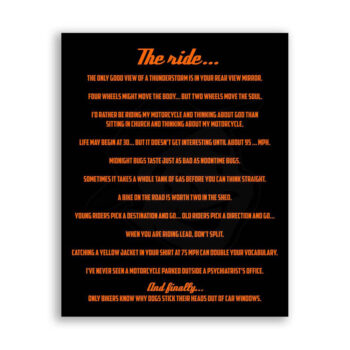 The Ride – Motorcycle Creed – Tin Metal Biker Sign Black Orange