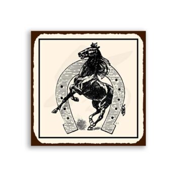 Horse In Horseshoe Vintage Metal Art Western Cowboy Retro Tin Sign