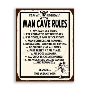 Man Cave Rules Violators Removed Vintage Metal Caveman Tin Sign